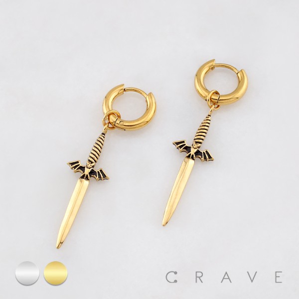 PAIR OF DAGGER SWORD BAT ENCRUSTED KNIGHT 316L SURGICAL STEEL EARRING